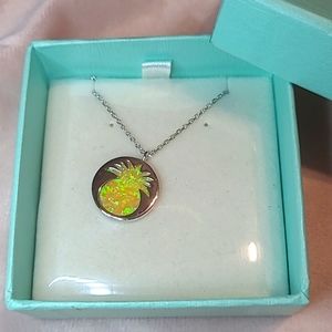 New- 18" silver necklace with silver & yellow opal pineapple charm #102